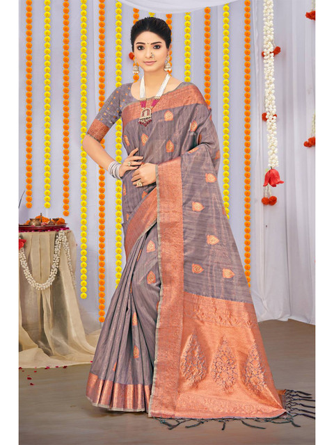 

KARAGIRI Grey & Copper-Toned Ethnic Motifs Zari Organza Saree