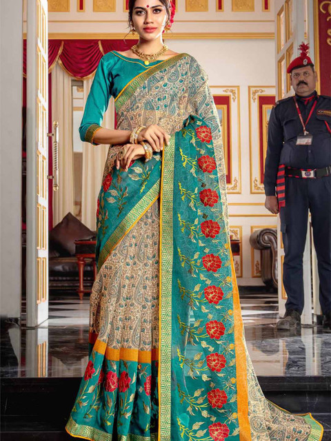 

KARAGIRI Teal & Red Floral Embroidered Saree