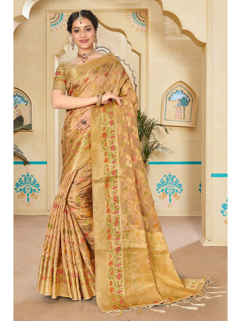 

KARAGIRI Beige & Green Woven Design Zari Organza Saree