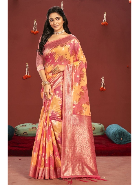 

KARAGIRI Pink & Coral Woven Design Zari Saree