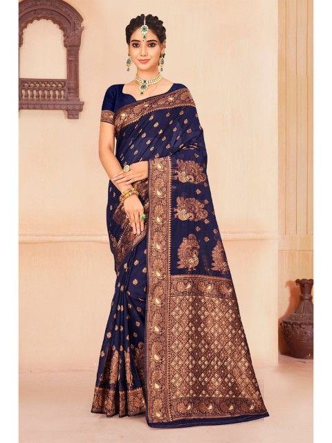 

KARAGIRI Navy Blue And Copper Toned Woven Design Zari Saree
