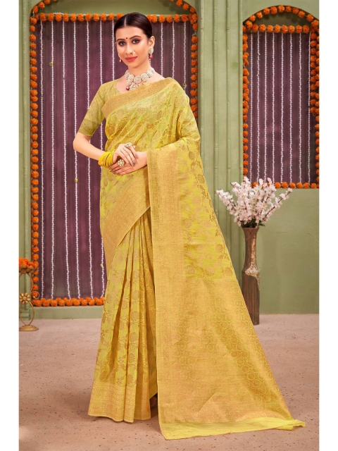 

KARAGIRI Yellow & Gold-Toned Woven Design Zari Linen Blend Saree