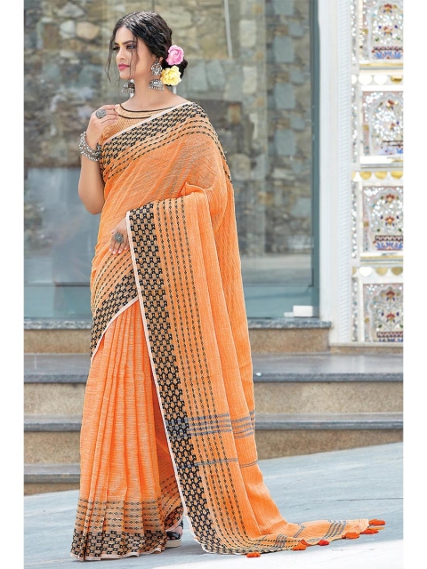 

KARAGIRI Orange & Black Embroidered Linen Blend Saree