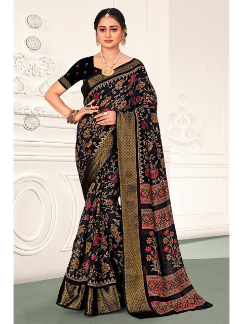 

KARAGIRI Black & Red Floral Printed Zari Saree