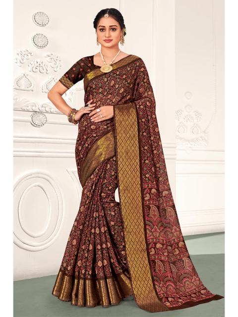 

KARAGIRI Brown & Gold-Toned Floral Printed Zari Saree