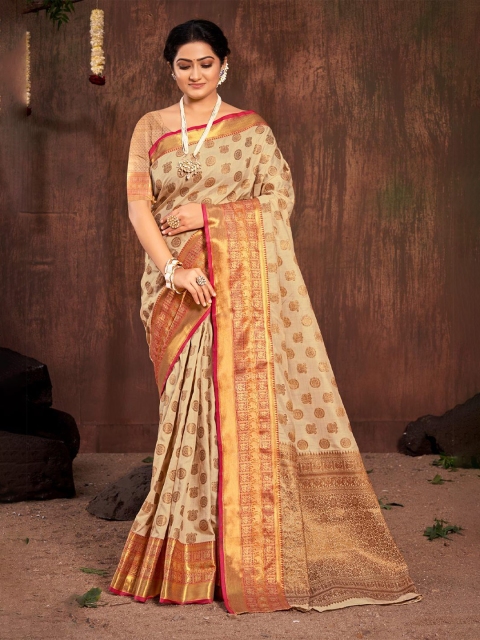 

KARAGIRI Beige & Gold-Toned Ethnic Motifs Zari Silk Blend Banarasi Saree