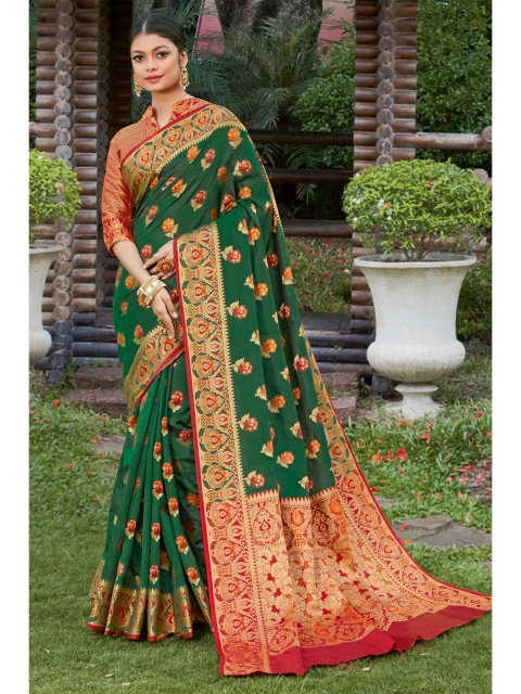 

KARAGIRI Green & Red Floral Zari Silk Blend Banarasi Saree