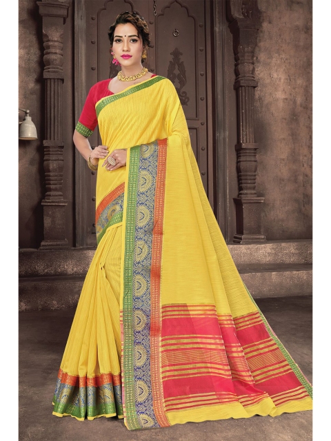 

KARAGIRI Yellow & Green Cotton Zari Saree