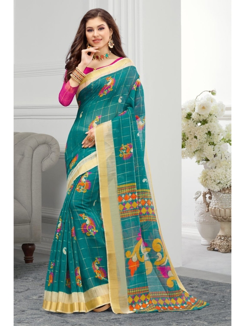 

KARAGIRI Teal & Red Woven Design Zari Saree