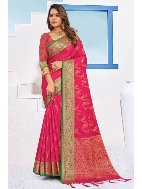 

KARAGIRI Magenta & Green Woven Design Zari Silk Blend Banarasi Saree