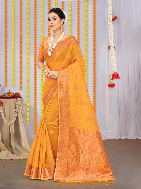 

KARAGIRI Mustard & Gold-Toned Ethnic Motifs Zari Organza Saree