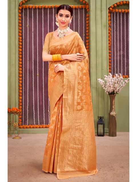 

KARAGIRI Orange & Gold-Toned Floral Zari Linen Blend Saree