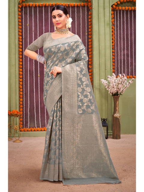 

KARAGIRI Grey Floral Zari Linen Blend Saree