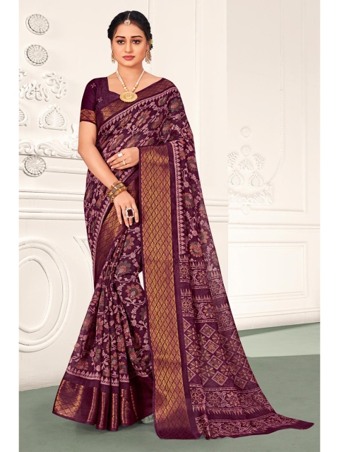 

KARAGIRI Purple & Gold-Toned Floral Zari Saree