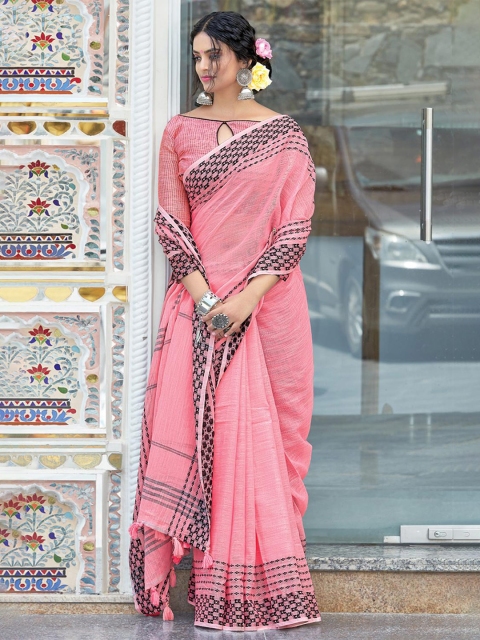 

KARAGIRI Pink & Black Linen Blend Saree