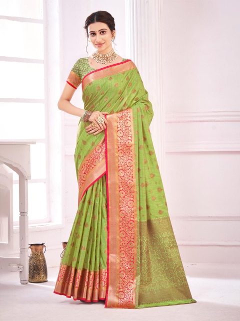 

KARAGIRI Green & Pink Ethnic Motifs Zari Silk Blend Banarasi Saree