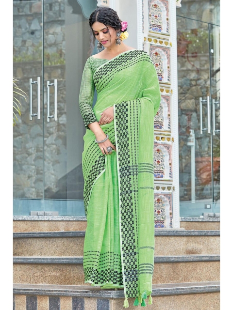 

KARAGIRI Green & Black Linen Blend Saree