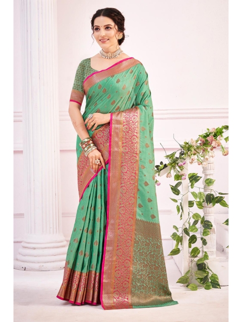 

KARAGIRI Green & Pink Floral Zari Silk Blend Banarasi Saree