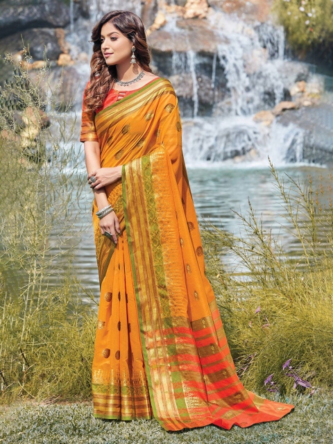 

KARAGIRI Mustard & Green Ethnic Motifs Zari Saree