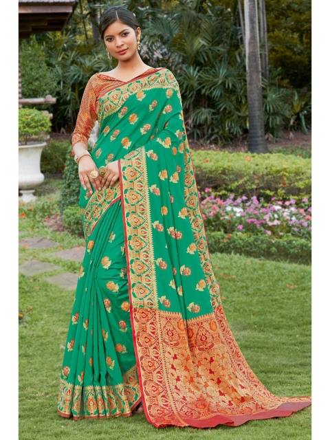 

KARAGIRI Sea Green & Pink Floral Zari Silk Blend Banarasi Saree