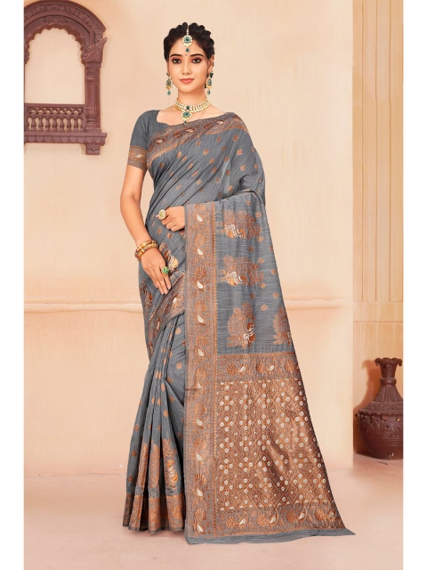 

KARAGIRI Grey & Gold-Toned Ethnic Motifs Zari Saree