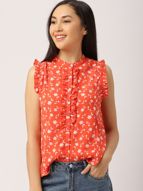 

DressBerry Women Orange Regular Fit Printed Casual Shirt