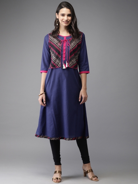 

HERE&NOW Women Navy Blue & Pink Solid Layered A-Line Kurta