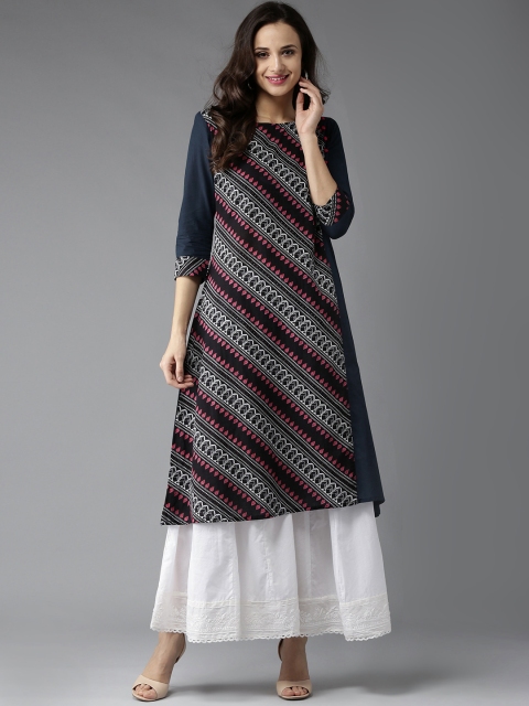 

HERE&NOW Women Navy & Off-White Printed A-Line Kurta, Navy blue