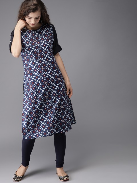 

HERE&NOW Women Navy Blue Printed Straight Kurta