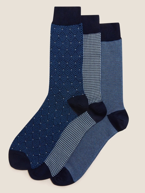 

Marks & Spencer Men Pack Of 3 Patterned Above Ankle-Length Socks, Blue