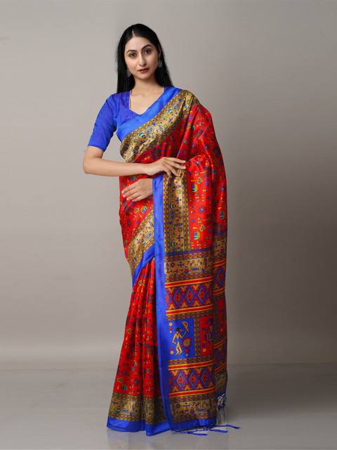 

Unnati Silks Red & Blue Warli Art Silk Block Print Saree
