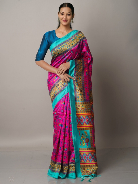 

Unnati Silks Pink & Green Warli Art Silk Block Print Saree