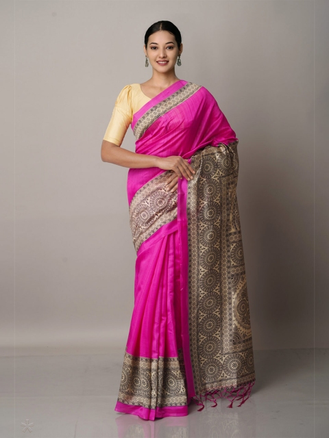 

Unnati Silks Pink & Black Ethnic Motifs Art Silk Block Print Saree