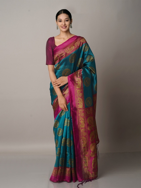 

Unnati Silks Green & Pink Ethnic Motifs Art Silk Block Print Saree