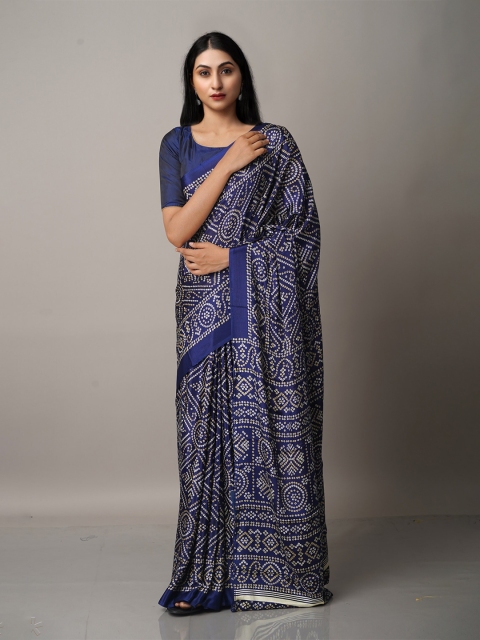 

Unnati Silks Navy Blue & Off White Bandhani Saree