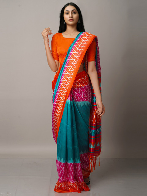 

Unnati Silks Green & White Art Silk Block Print Saree