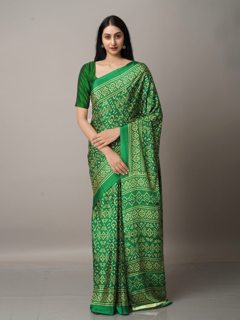 

Unnati Silks Green & Beige Bandhani Crepe Soft Silk Saree