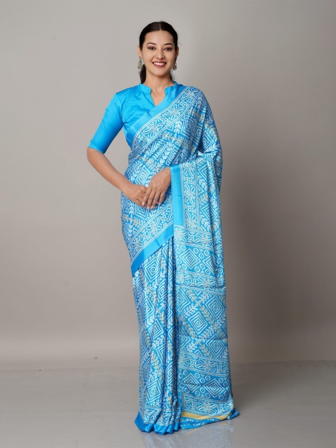 

Unnati Silks Blue & White Bandhani Crepe Soft Silk Saree