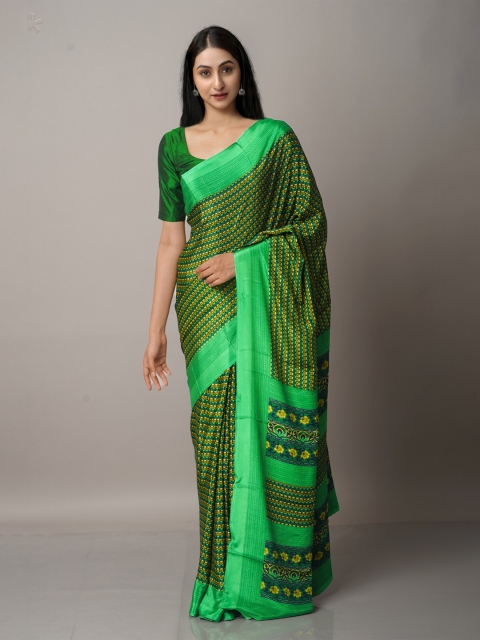 

Unnati Silks Green & Yellow Ethnic Motifs Block Print Saree