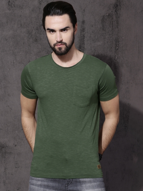 

Roadster Men Olive Green Solid Round Neck T-Shirt