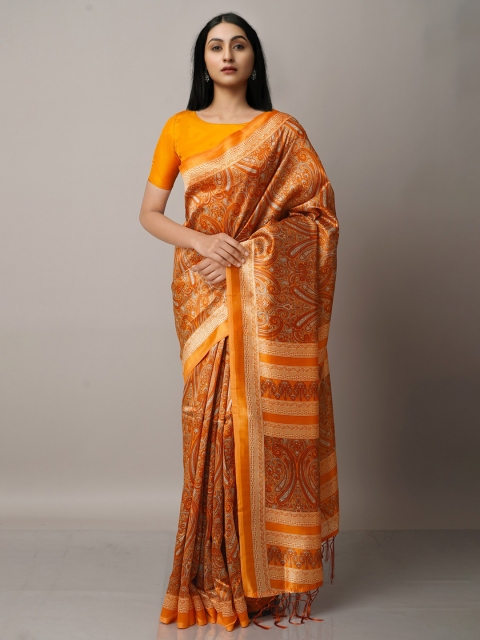 

Unnati Silks Mustard Ethnic Motifs Art Silk Block Print Saree