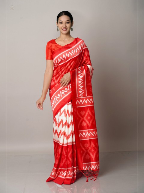 

Unnati Silks Red & White Art Silk Block Print Saree