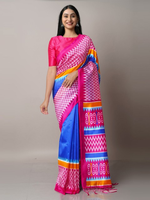 

Unnati Silks Blue & Pink Ethnic Motifs Art Silk Block Print Saree