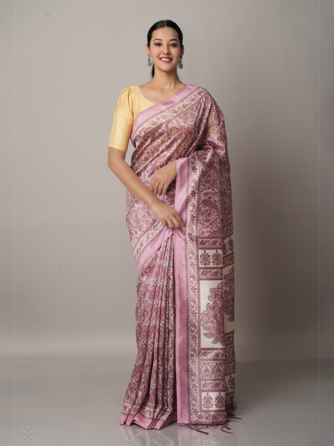 

Unnati Silks Pink & White Ethnic Motifs Art Silk Block Print Saree