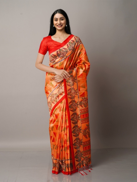 

Unnati Silks Orange & Green Ethnic Motifs Art Silk Block Print Saree