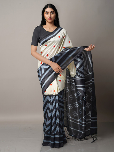 

Unnati Silks Cream-Coloured & Black Art Silk Block Print Saree
