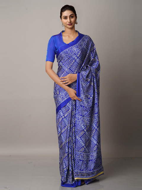 

Unnati Silks Blue & White Tie and Dye Bandhani Saree