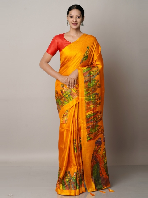 

Unnati Silks Orange & Green Art Silk Block Print Saree