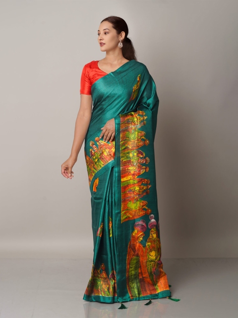 

Unnati Silks Green & Orange Ethnic Motifs Art Silk Block Print Saree