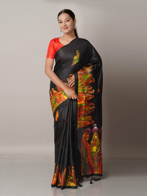 

Unnati Silks Black & Purple Ethnic Motifs Art Silk Block Print Saree